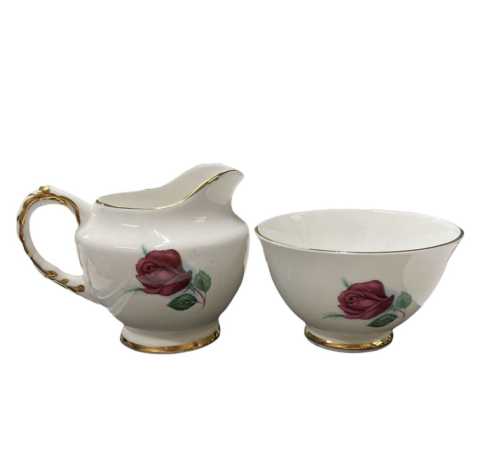 Vintage Delphine Bone China Cream And Sugar Set Made In England Red Rose